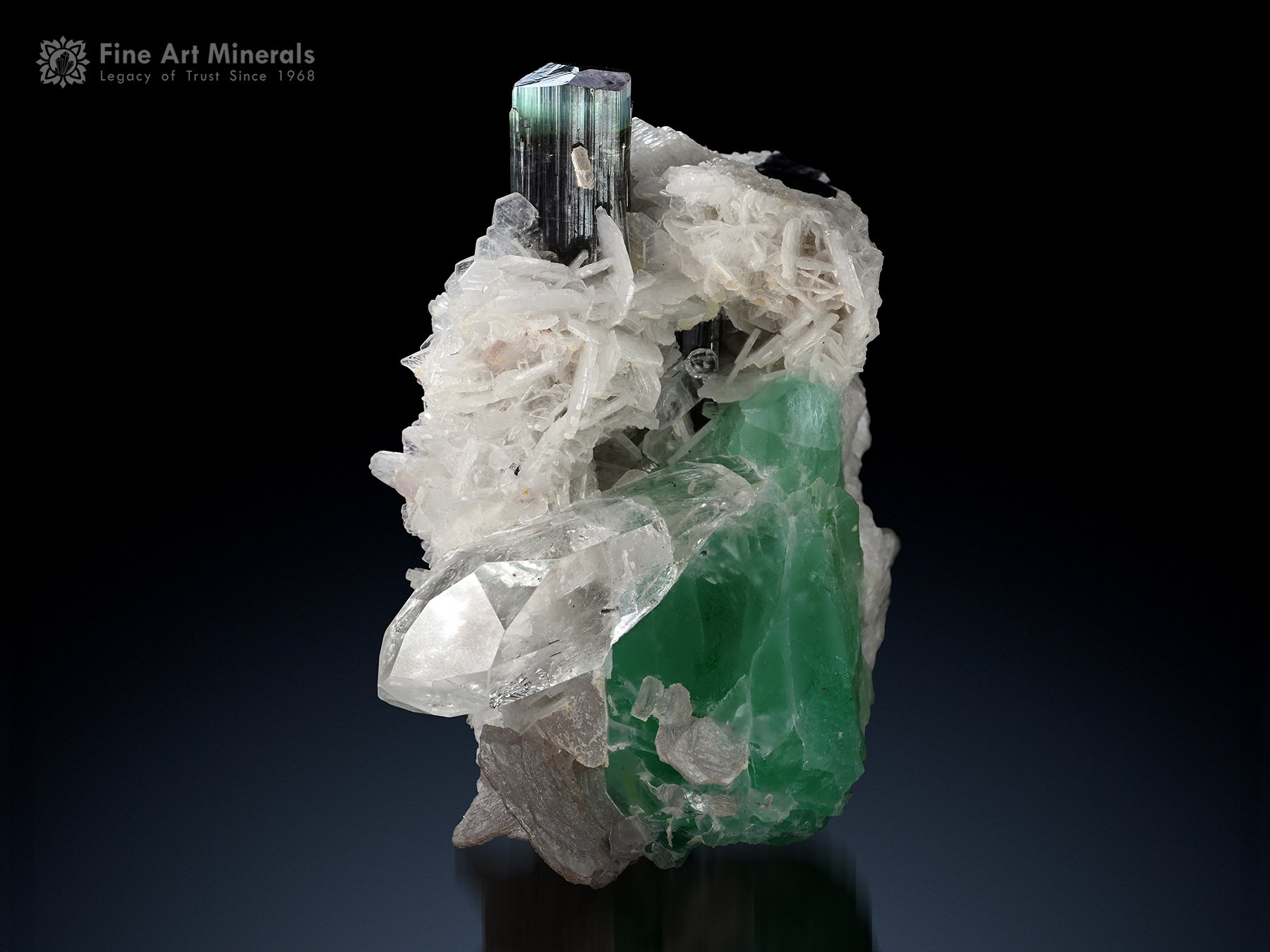 Fluorite with Topaz and Tourmaline on Albite