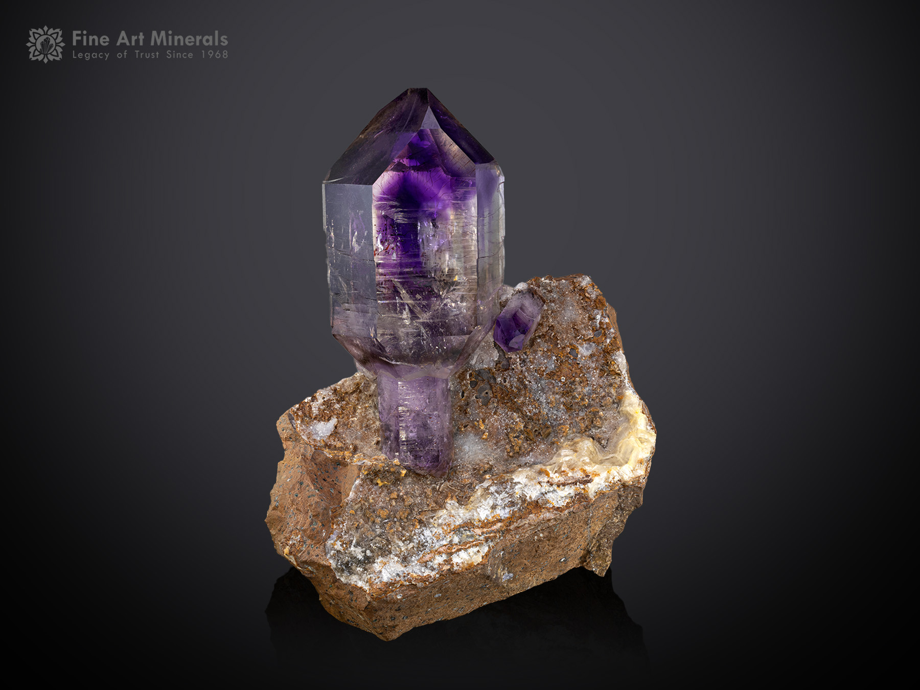 Scepter Amethyst on Calcite from the renowned Goboboseb Mountains, Dâures Constituency, Namibia.